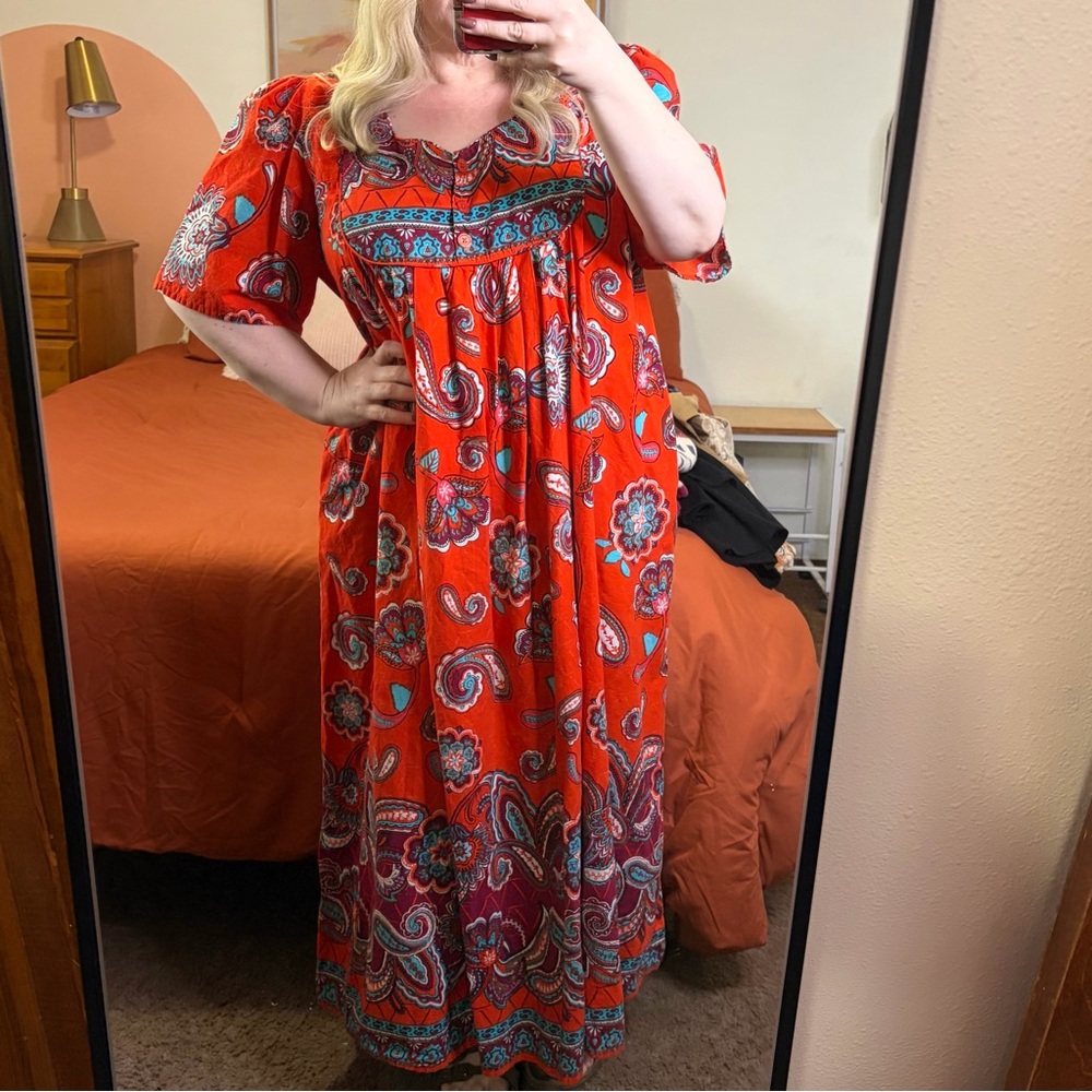 Only Necessities Vibrant Red Paisley Maxi Dress 100% Cotton pockets sz 2x